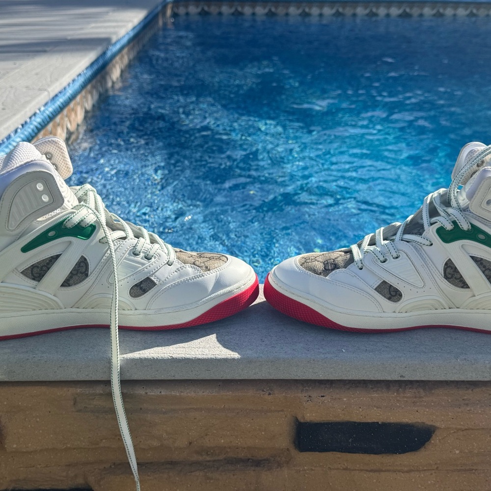 Gucci White Sneakers with Purple and Teal Accents